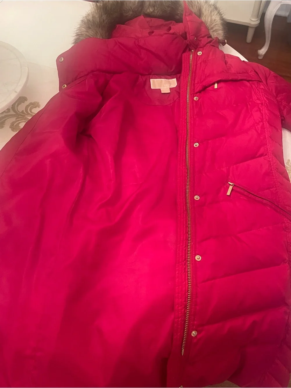 Michael Kors Red Long Quilted Puffer Coat with Faux Fur Hood